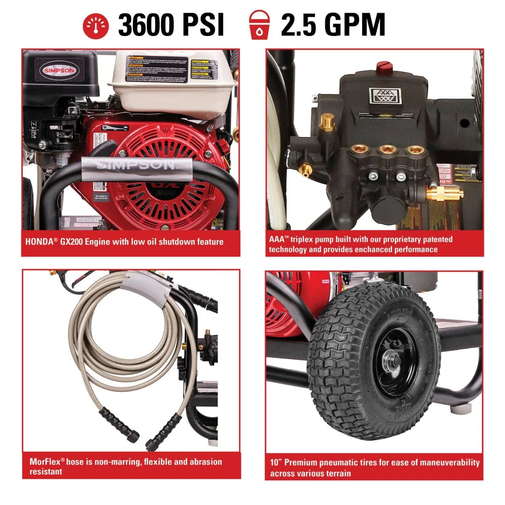 Powershot 3600 Psi at 2.5 GPM HONDA® GX200 with Triplex Pump Cold Water Professional Gas Pressure Washer, 0 Voltage
