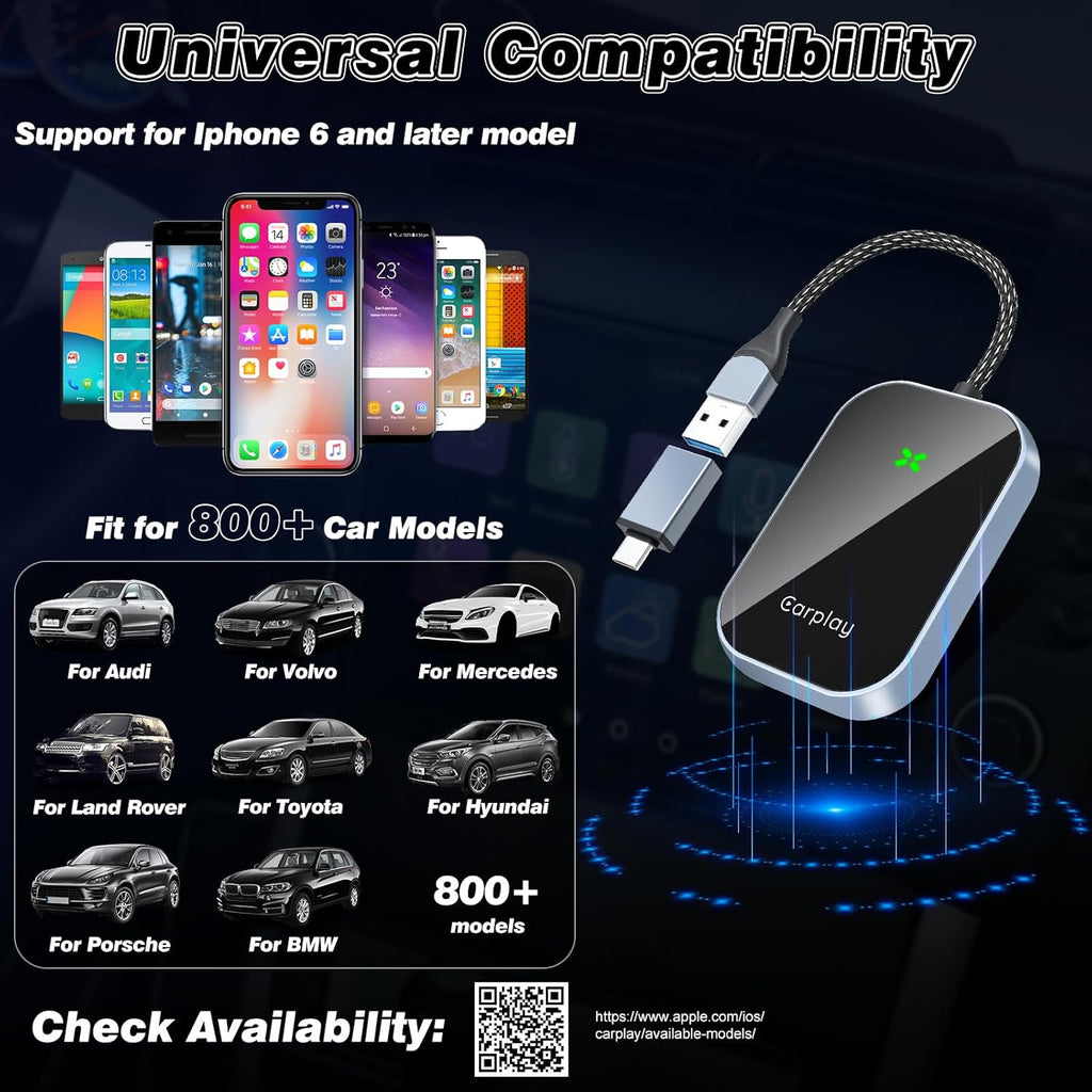 Wireless Carplay, Convert Wired to Wireless Carplay Dongle, Plug & Play USB Adapter for Cars, Seamless Control Adapter for Ios 10+ (Black)