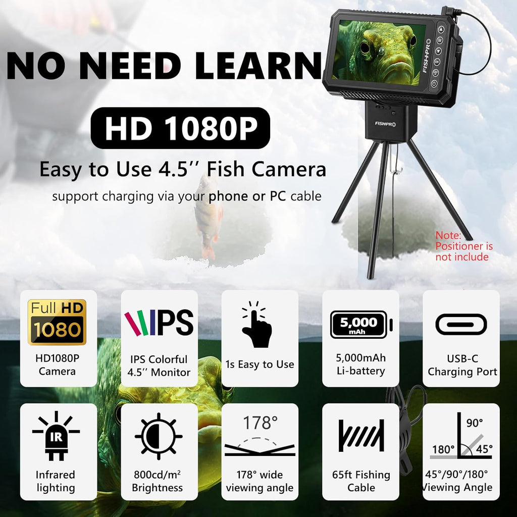 [® 2026 Upgrade] 4.5'' True HD 1080P Underwater Fishing Camera (Plug & Play) - Ice Fishing Camera Underwater W/ 5,000Mah, USB-C, IR+LED, Fish Finder for Ice/Lake/Kayak, 20M/65Ft