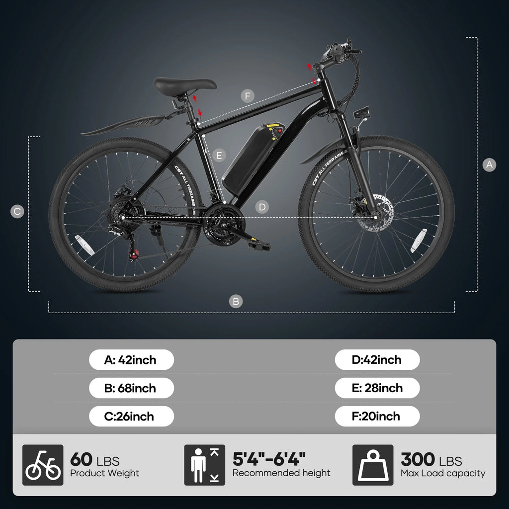 Electric Mountain Bike 26" for Adults, 350W Electric Bike 48V 20Mph with Front Suspension Fork for Mountain Beach Snow, UL2849