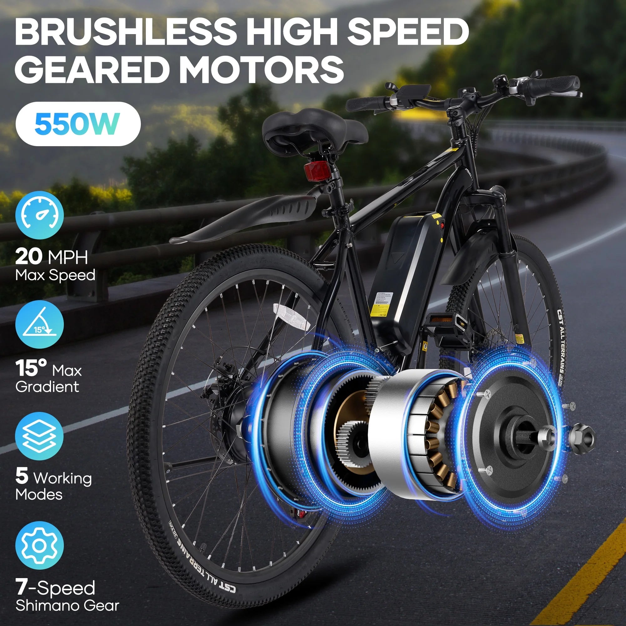 Electric Mountain Bike 26" for Adults, 350W Electric Bike 48V 20Mph with Front Suspension Fork for Mountain Beach Snow, UL2849