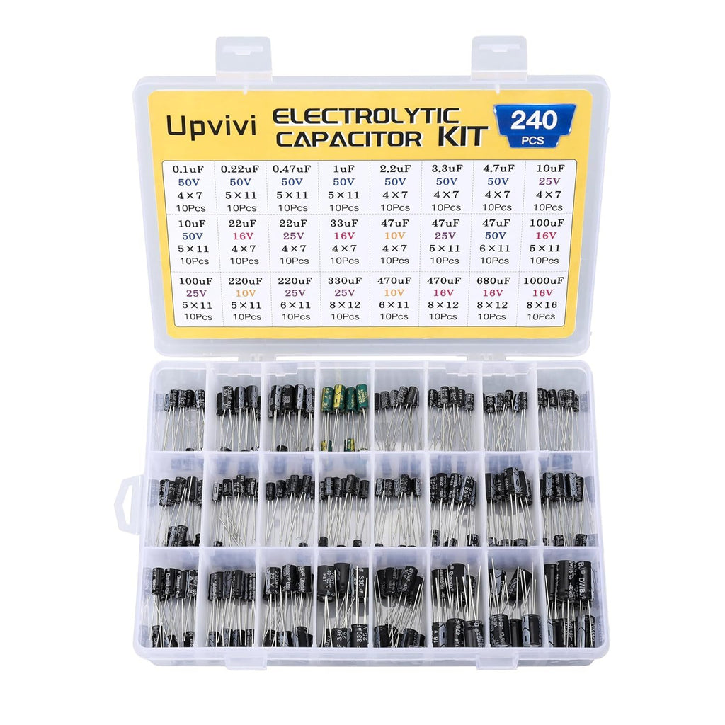 Electrolytic Capacitor Assortment Kit 24 Values 240Pcs 0.1Uf to 1000Uf 10V 16V