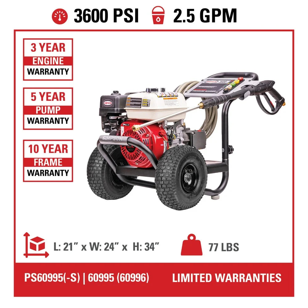 Powershot 3600 Psi at 2.5 GPM HONDA® GX200 with Triplex Pump Cold Water Professional Gas Pressure Washer, 0 Voltage
