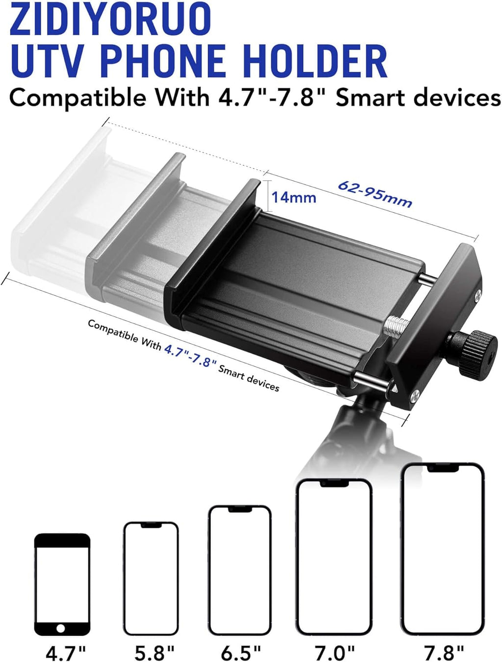 UTV Phone Holder, SXS Phone Holder Mount on 1.75"-2" Roll Cage Bar, Fits 4.7"-7.